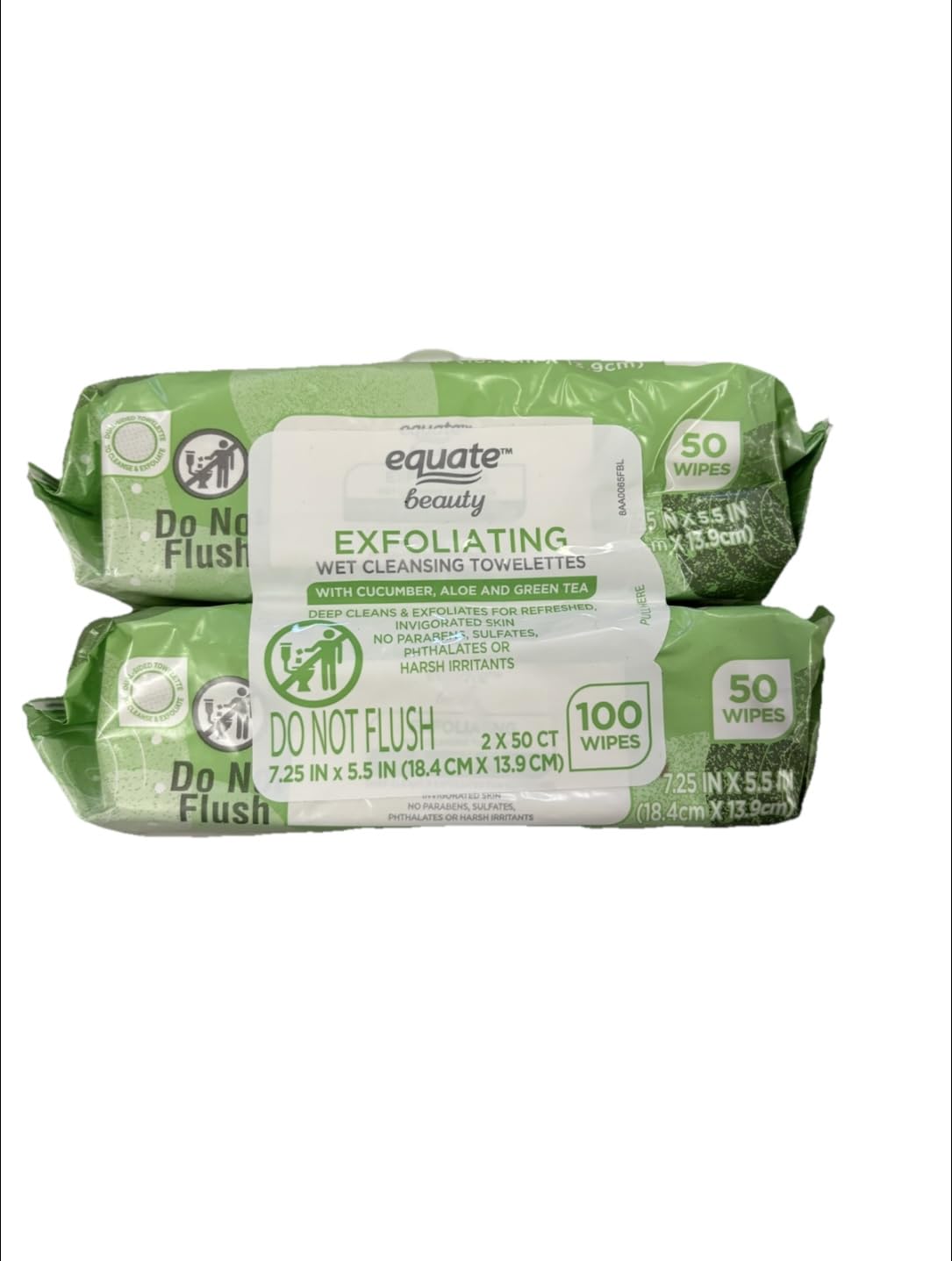 Equate front packaging twin pack of exfoliating wet cleansing towelettes, convenient on-the-go