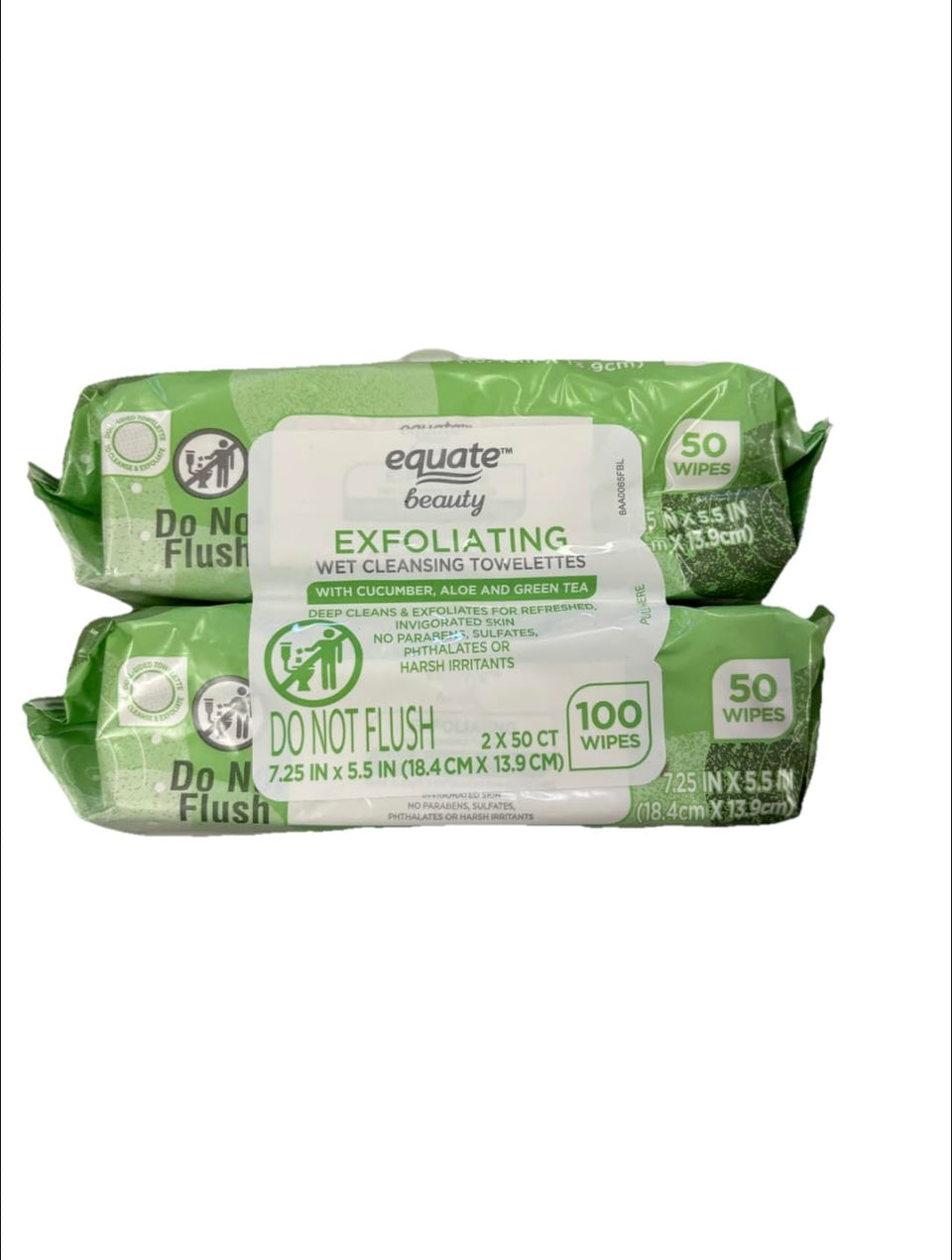 Equate front packaging twin pack of exfoliating wet cleansing towelettes, convenient on-the-go