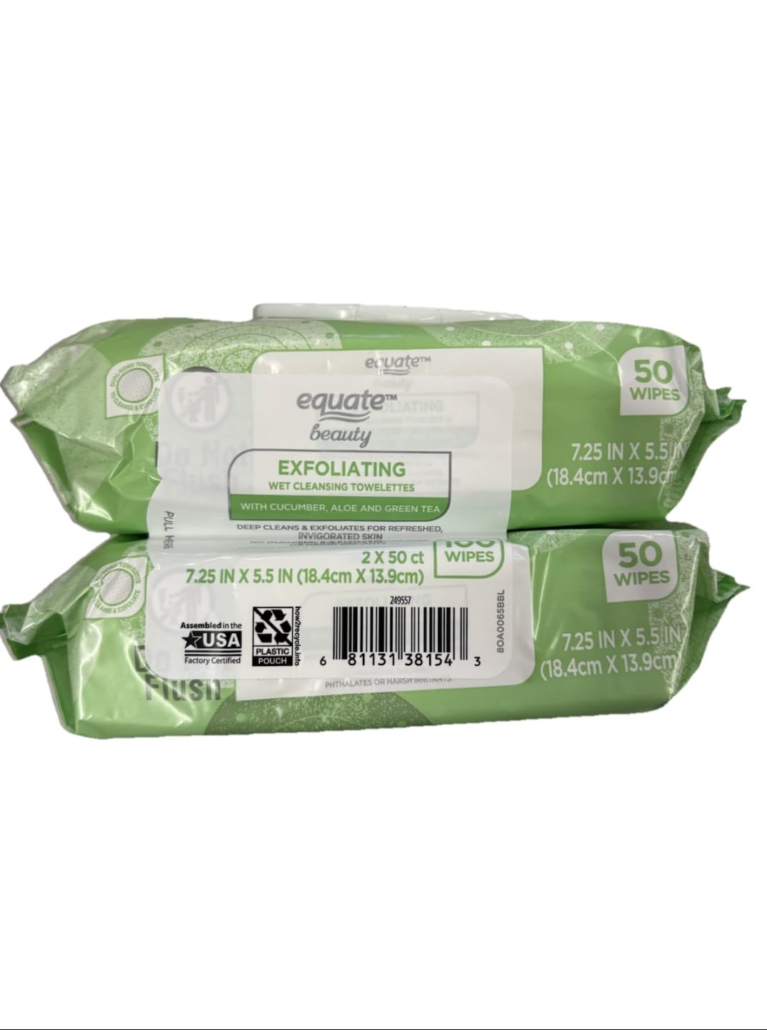 Close-up texture of an Equate exfoliating wipe showing soft fibers and gentle scrub action