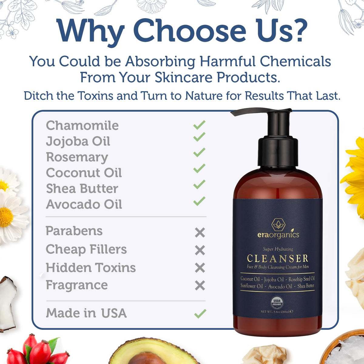 Man using Era Organics face wash in shower, illustrating quick two-in-one face and body cleanse