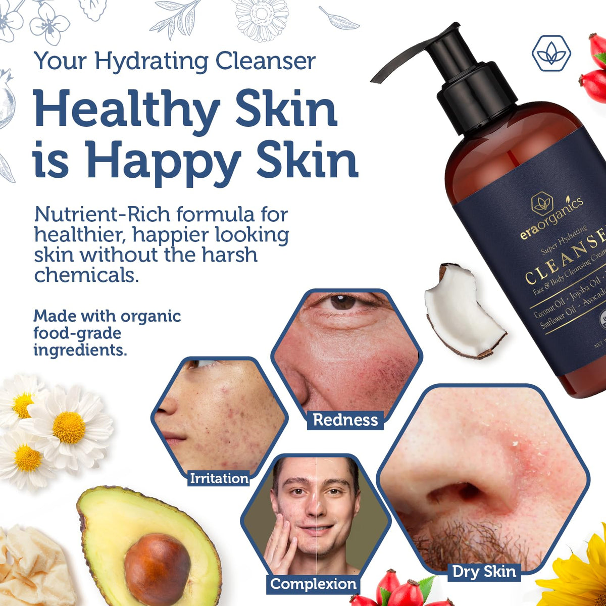 Era Organics creamy texture on palm, showing hydrating consistency and gentle foam
