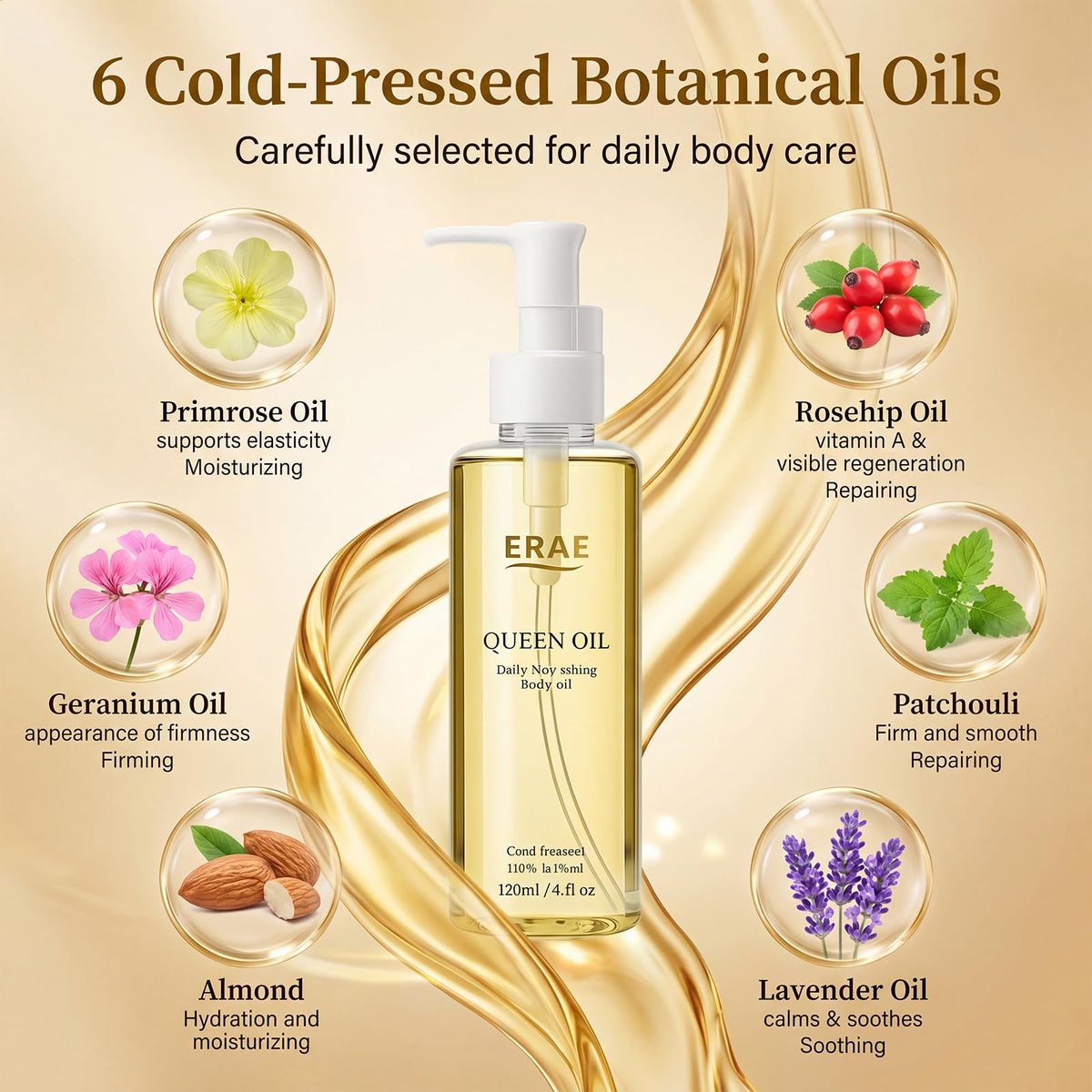 ERAE ingredient blend of cold-pressed botanicals highlighting natural nourishment benefit: skin-supporting oils