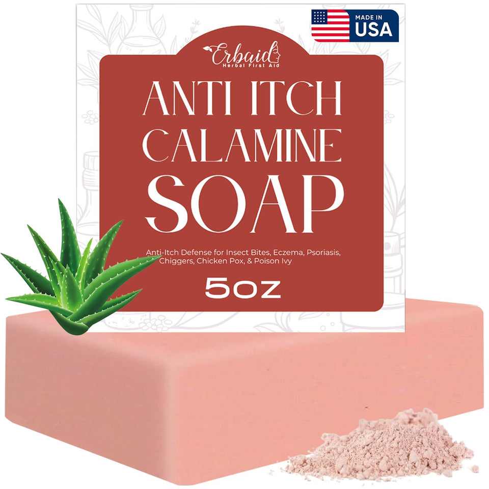 Erbaid soap front packaging showing calming calamine and benefit