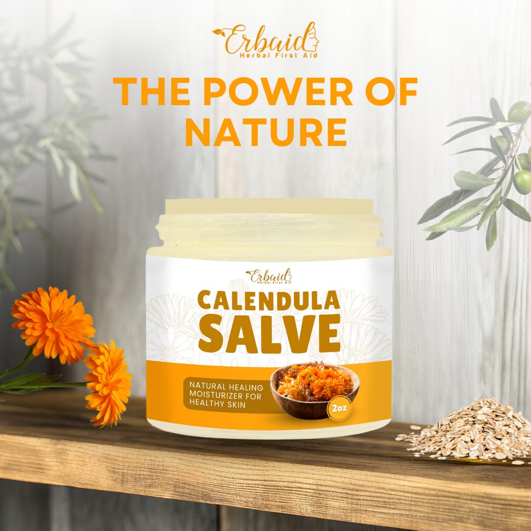 Erbaid calendula ointment on bathroom shelf styled lifestyle shot showing everyday use benefit