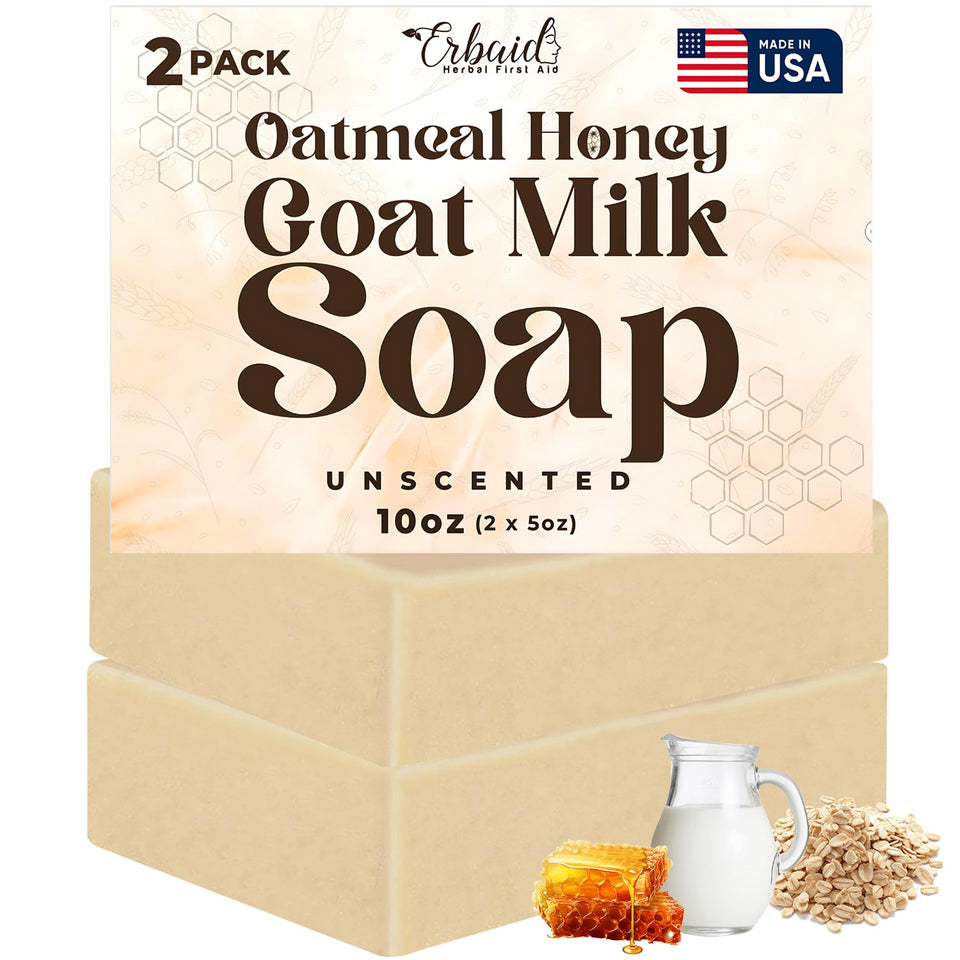Erbaid front packaging showing oatmeal honey goat milk soap benefits