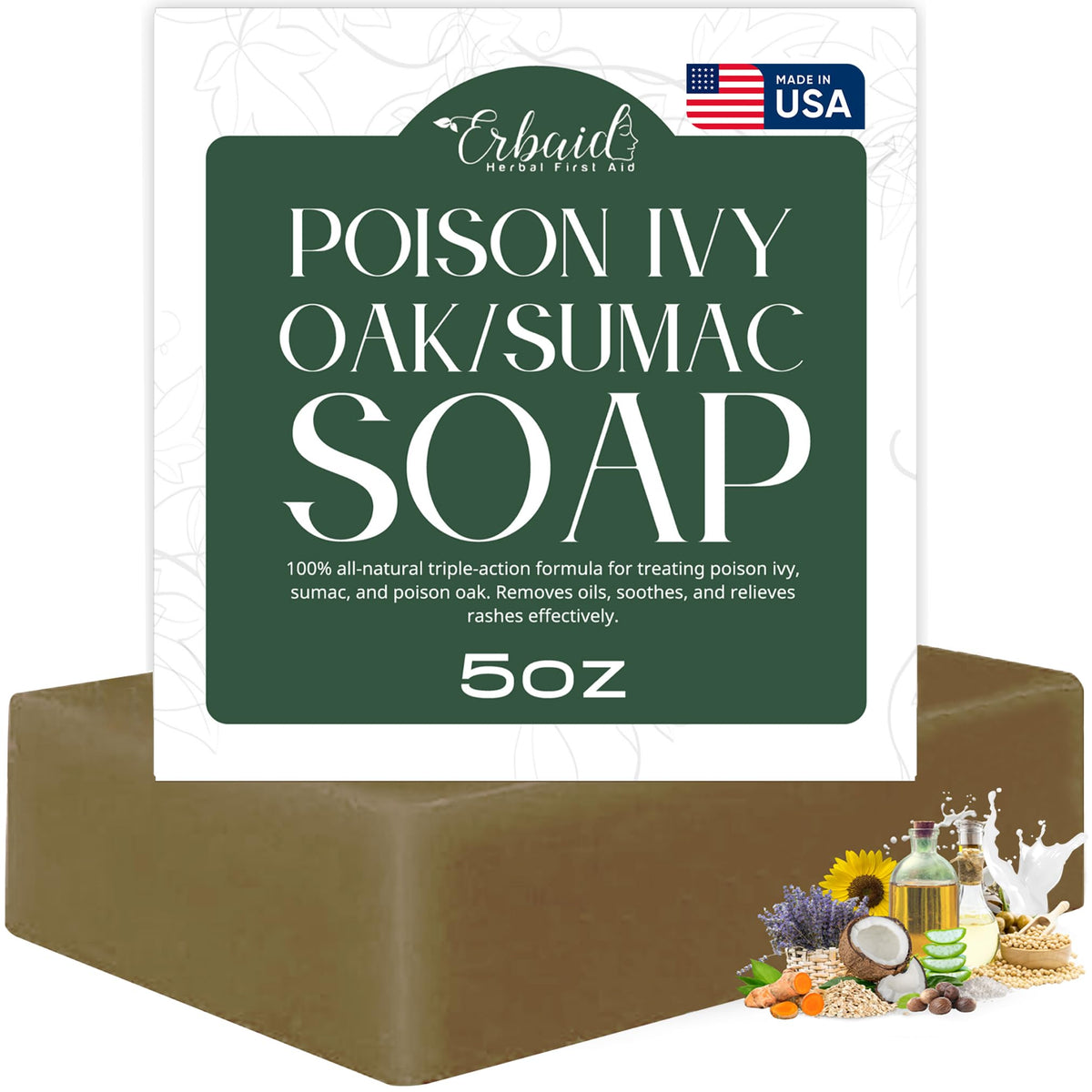 Erbaid front packaging showing 5 oz jewelweed soap and clear benefit