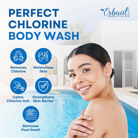 Erbaid rinsing through swimmer hair to show residue removal and restored softness after pool use