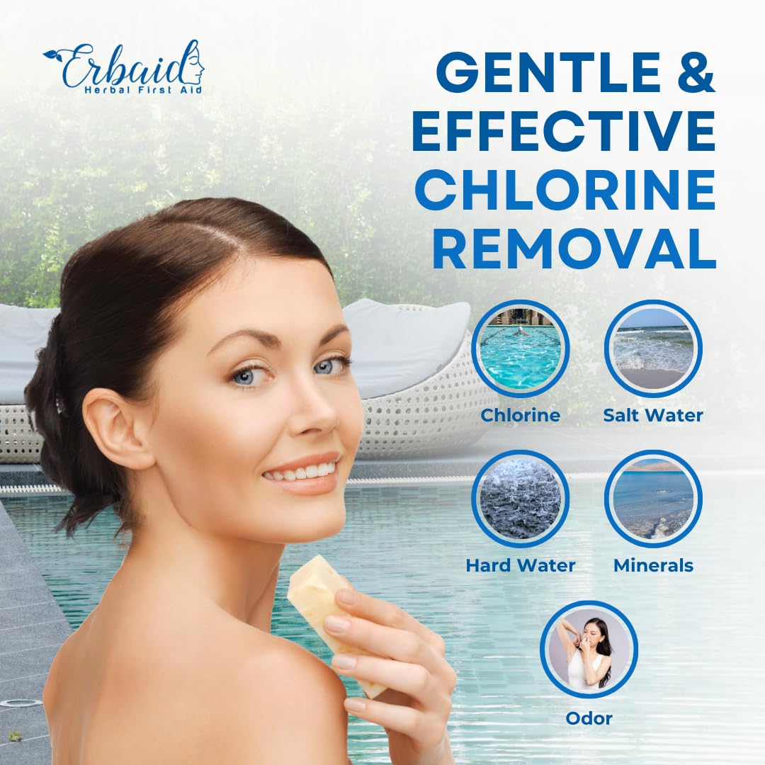 Erbaid lather on wet hands demonstrating effective chlorine and salt removal for post-swim care