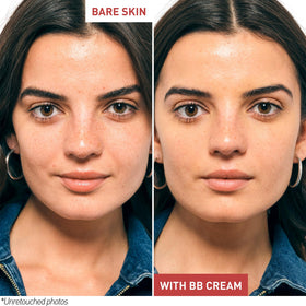 Erborian BB Cream Doré split before-and-after showing pore-blurring and matte finish