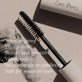Ere Perez mascara beside ruler showing 10ml size and travel-friendly portability benefit