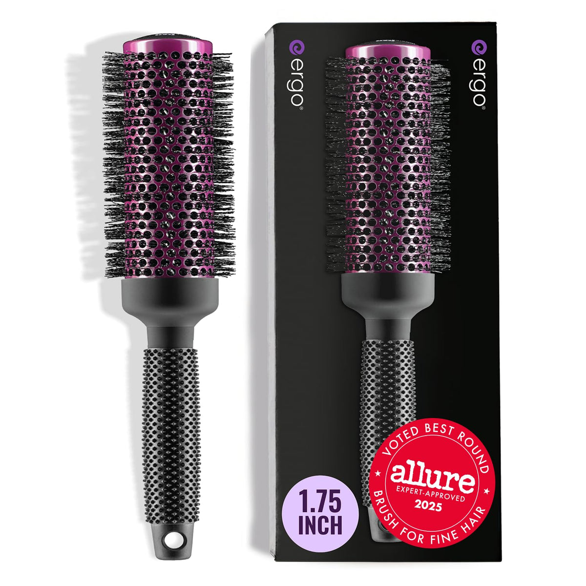 ergo brush front view showing barrel and handle, for easier salon-style blowouts