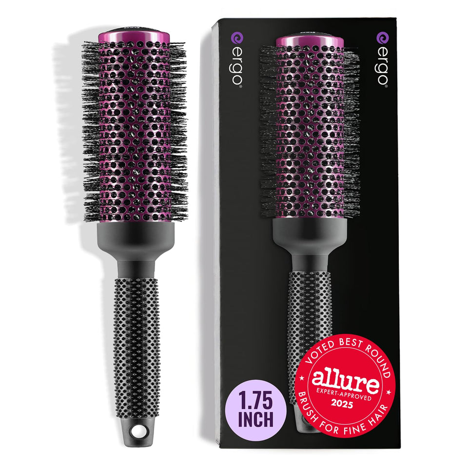 ergo brush front view showing barrel and handle, for easier salon-style blowouts