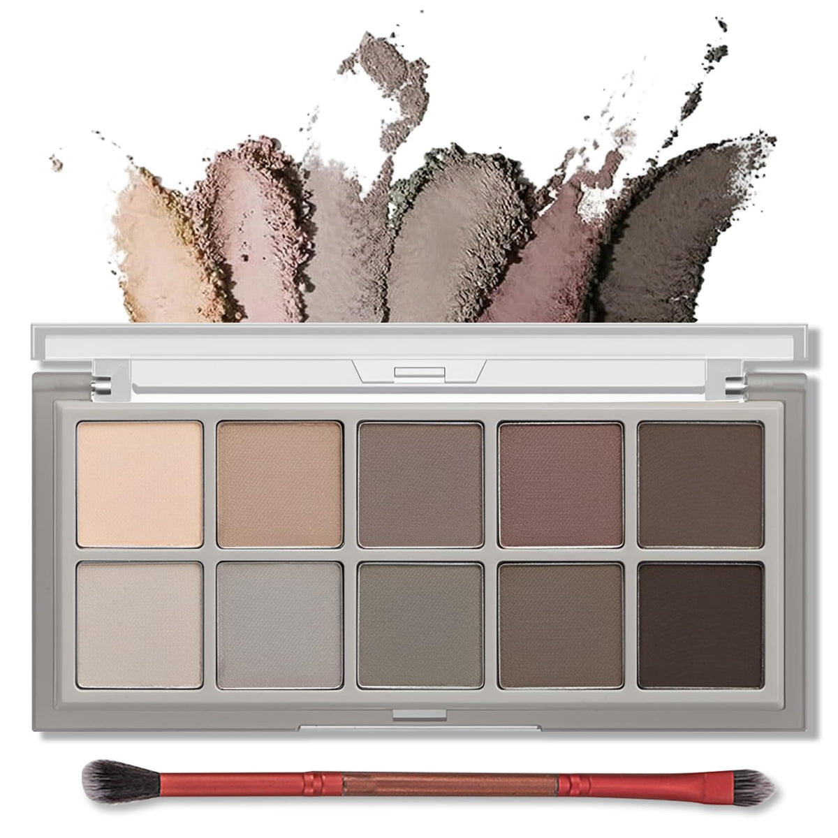 Erinde palette front view showing ten matte shades and compact case for versatile looks