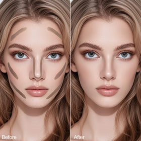 Erinde product used on cheekbone to define and matte finish
