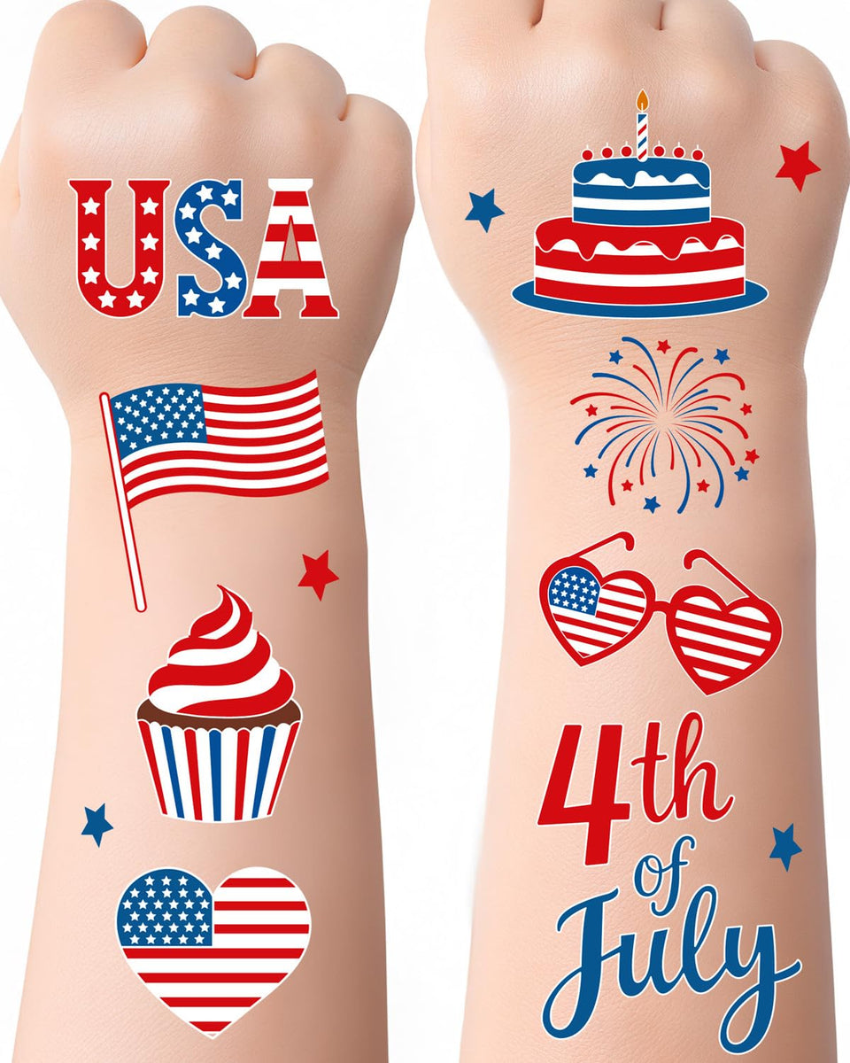 ERSHIXUN front packaging showing patriotic tattoo sheets and party-ready look