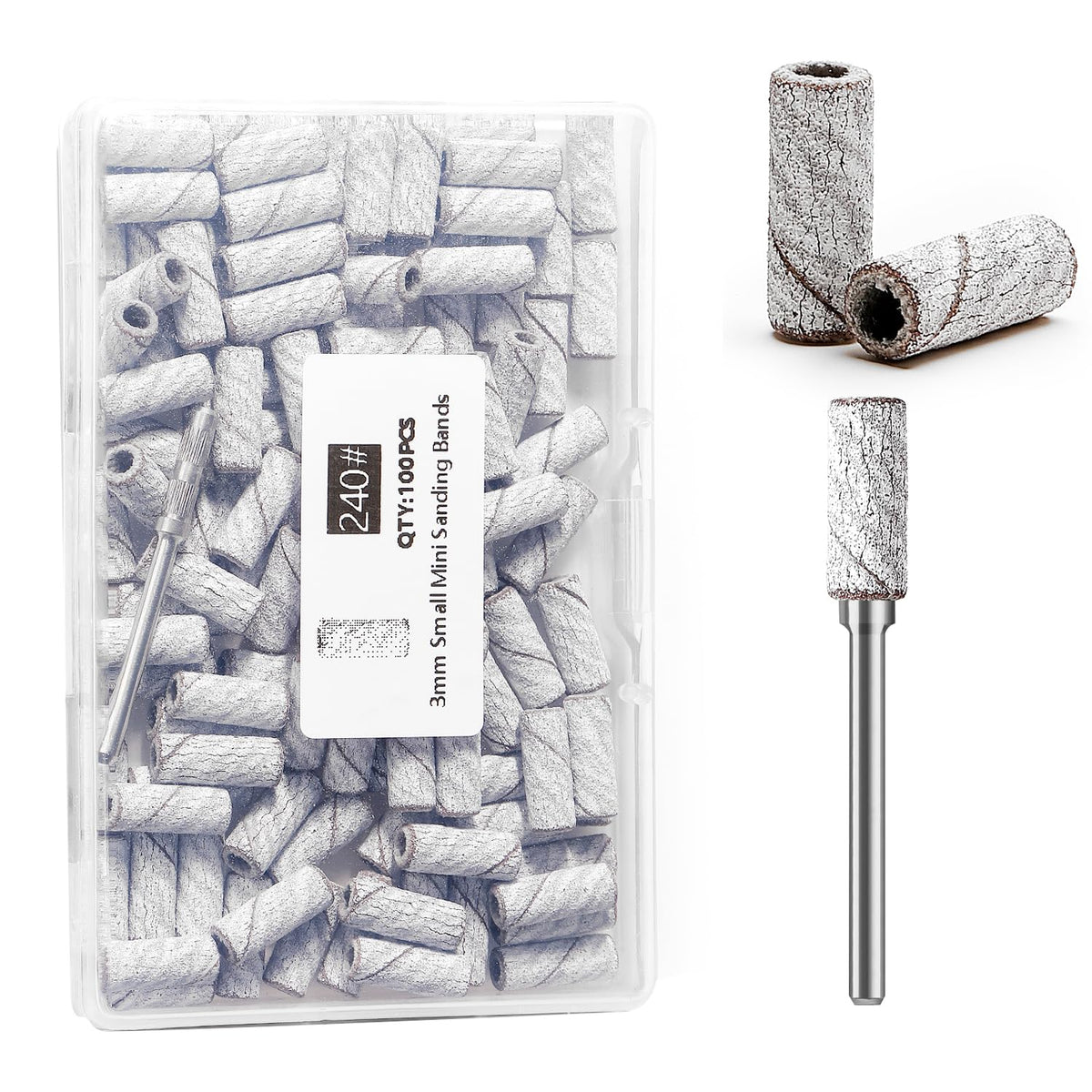 ERUIKA front packaging showing 100 sanding bands and mandrel, organized for convenience