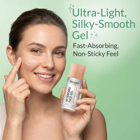 Escentile model using aftercare gel on face showing calming post-treatment benefit