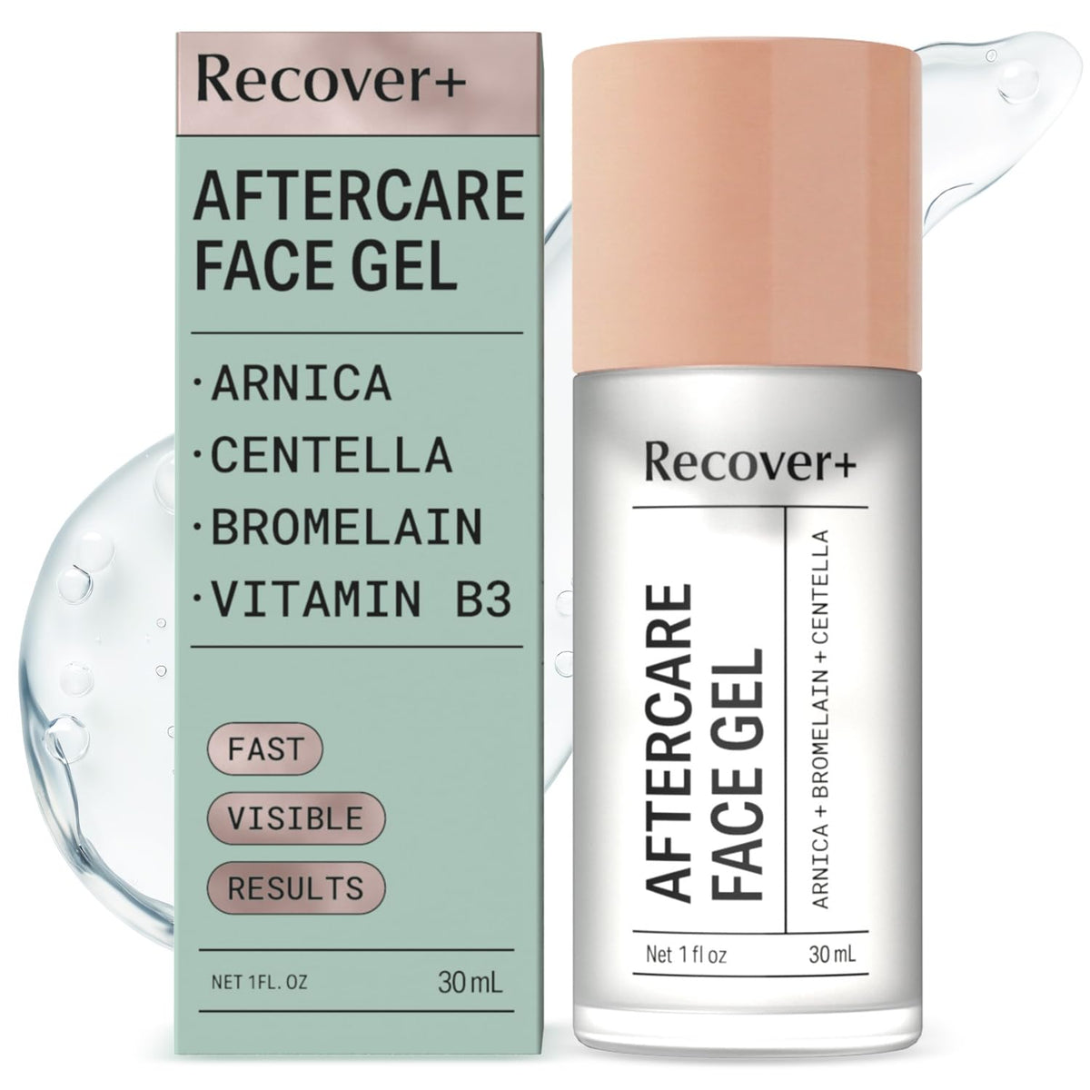 Escentile front packaging showing Recover+ arnica face gel for soothing aftercare