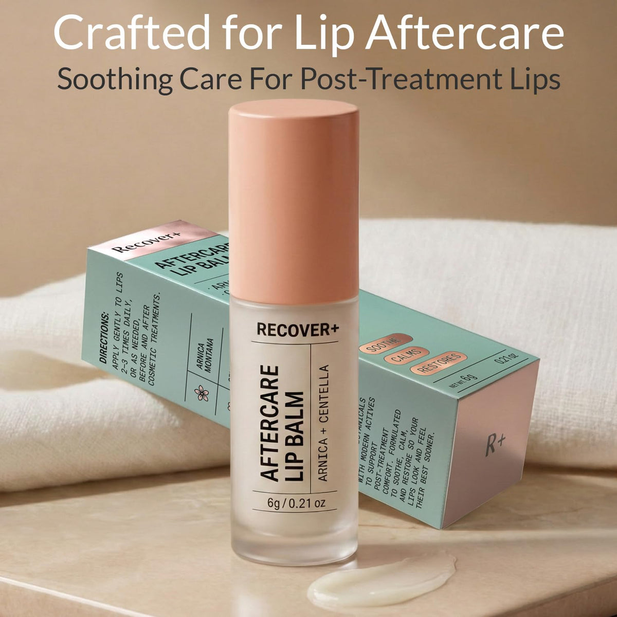 Escentile applying balm to lips illustrating soothing relief after treatments