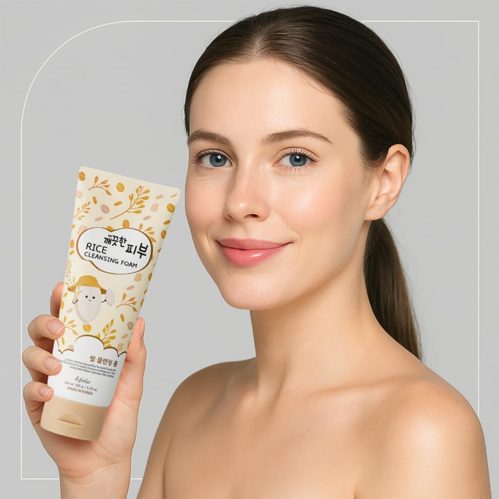 esfolio beside rice grains highlighting rice extract for smoother texture