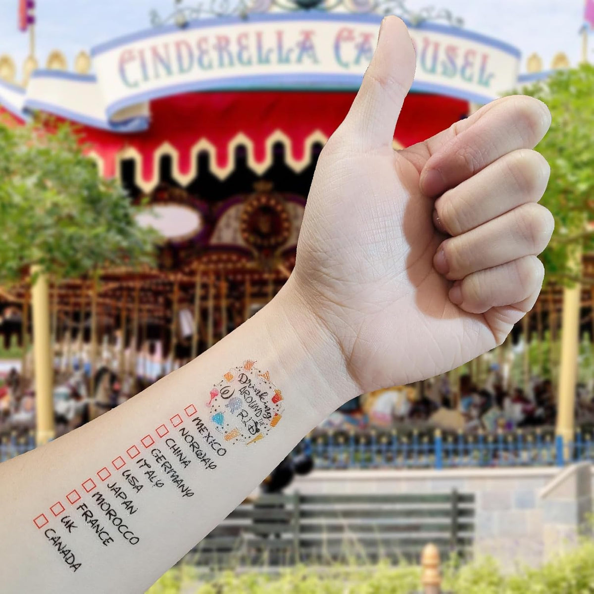 ESLINOP lifestyle theme park photo shows tattoos matching festival outfit