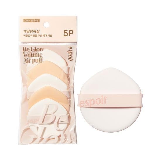 Espoir Be Glow Air Puff front view showing five puffs and compact storage, soft application benefit