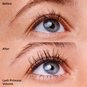 essence model with intensified nighttime lashes showing dramatic buildable volume