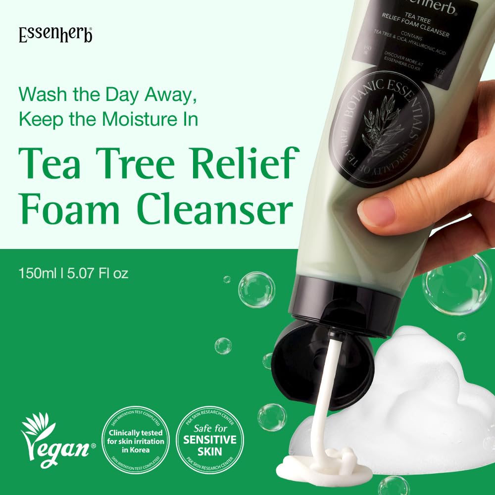ESSENHERB pump dispensing soft foam demonstrating easy application and gentle cleansing