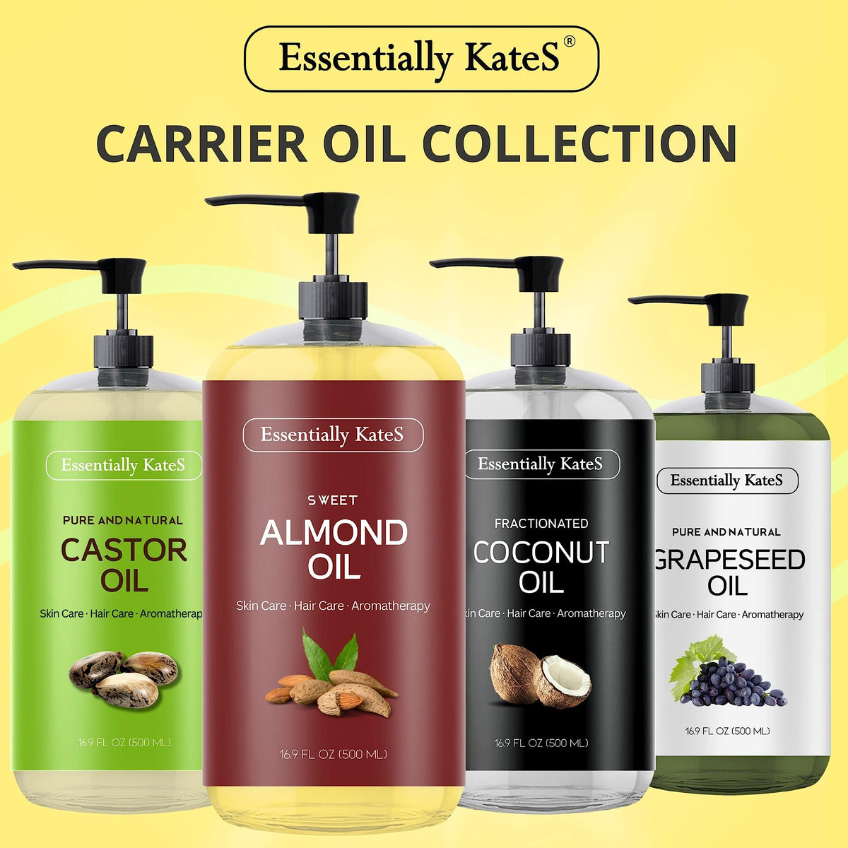 Essentially KateS bottle with almonds and herbs indicating natural ingredients