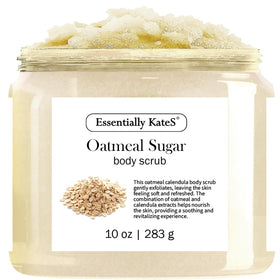 Essentially KateS jar front packaging showing label and calming oat theme for gentle exfoliation