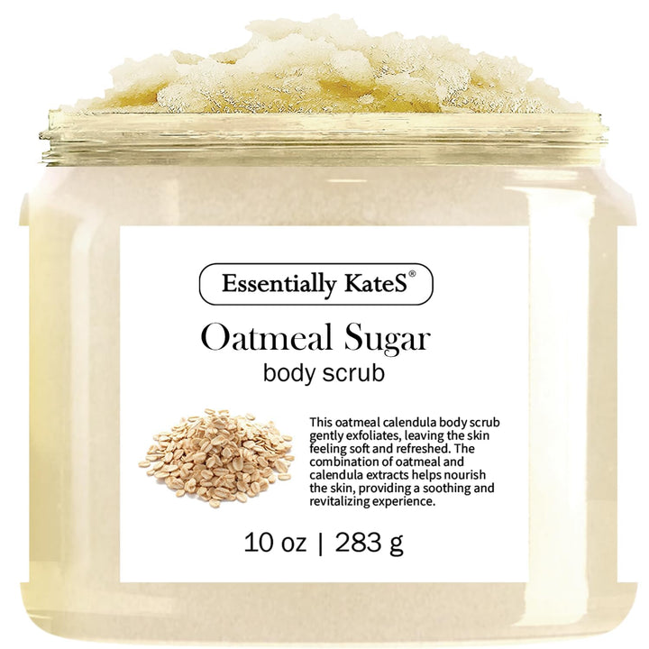 Essentially KateS jar front packaging showing label and calming oat theme for gentle exfoliation