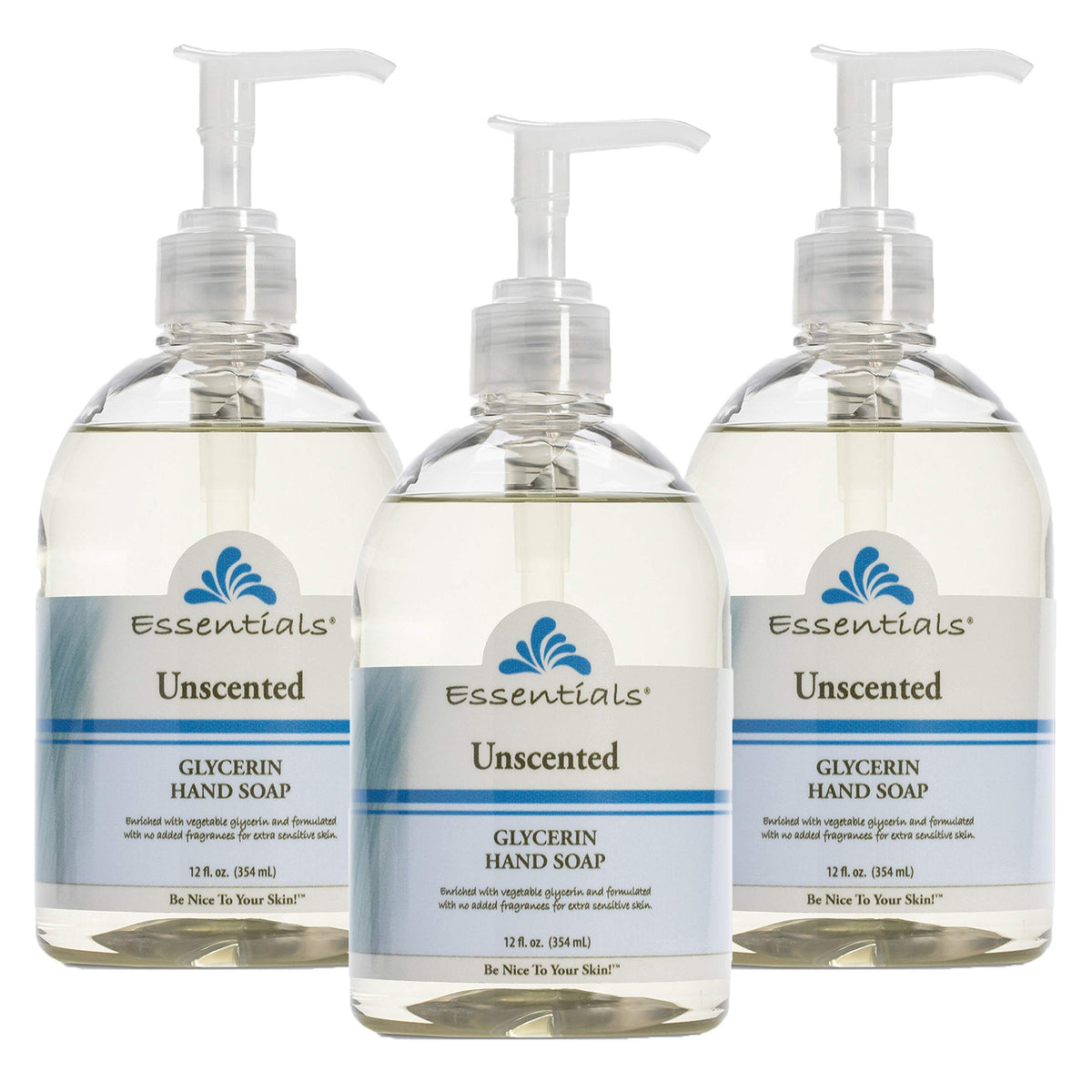 Essentials front packaging showing three unscented glycerin pump bottles and benefits