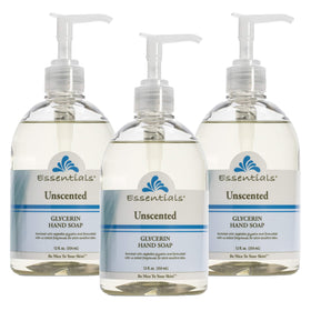 Essentials front packaging showing three unscented glycerin pump bottles and benefits