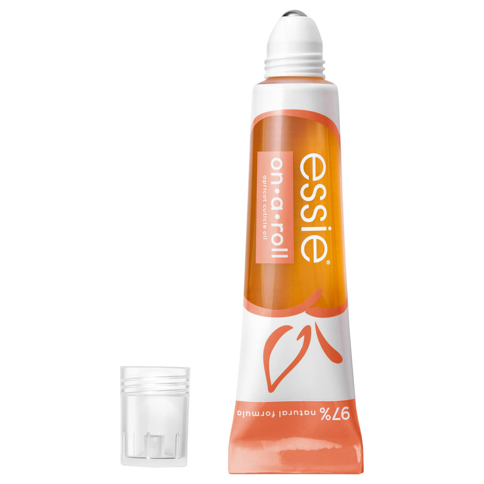 essie front packaging showing roll-on bottle and apricot ingredient for portable hydration