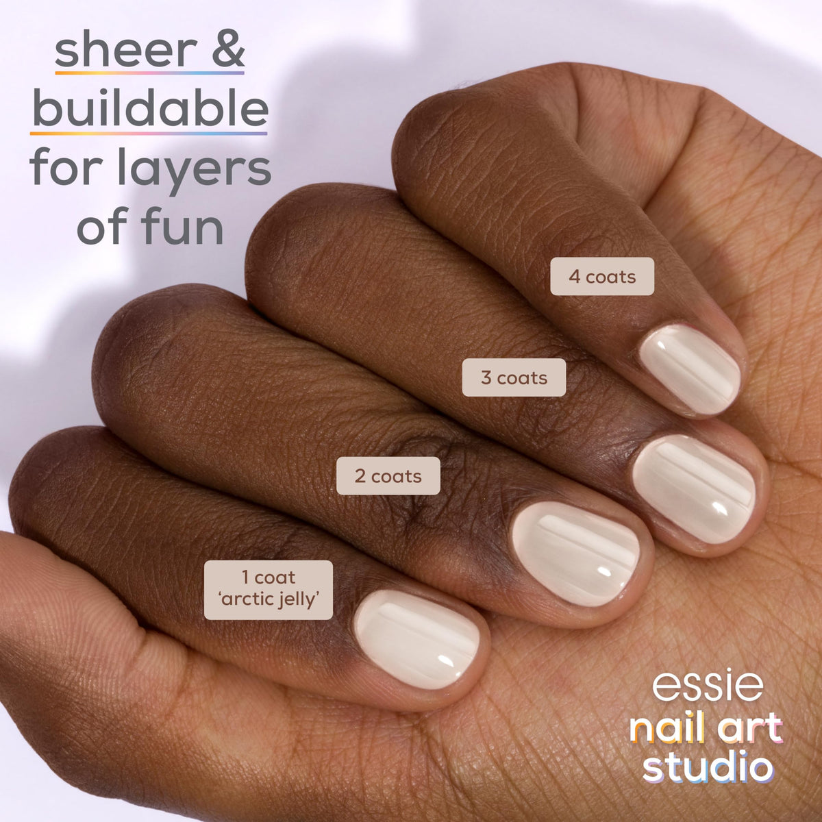 essie Arctic Jelly painted on nails showing sheer white milky effect