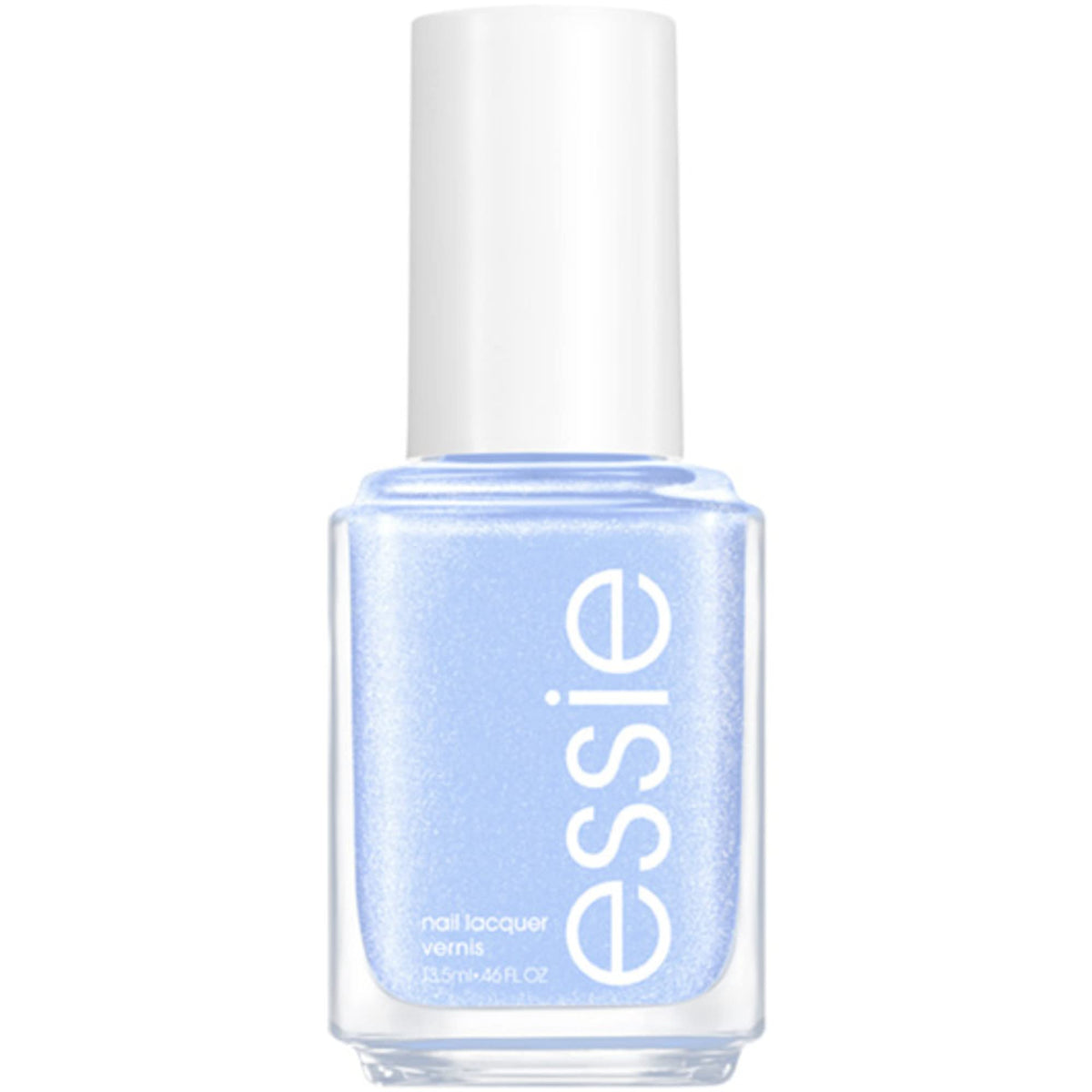 essie bottle front view showing glossy sparkling blue polish for salon-quality shine