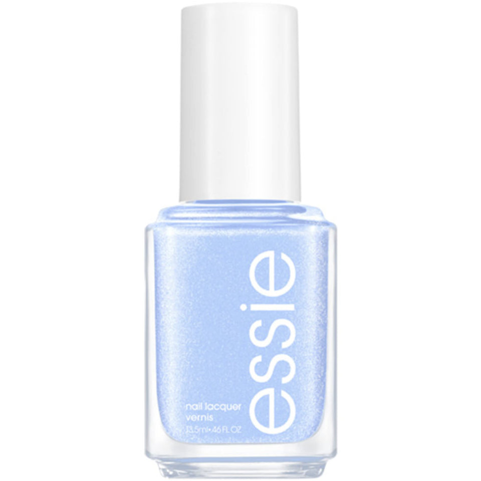 essie bottle front view showing glossy sparkling blue polish for salon-quality shine