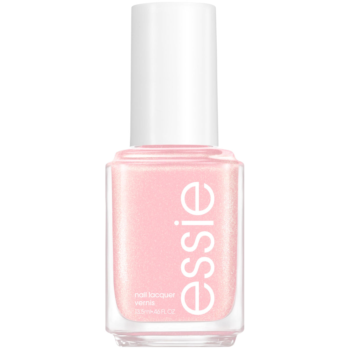 essie bottle front view showing glossy iridescent pink finish and salon-quality look