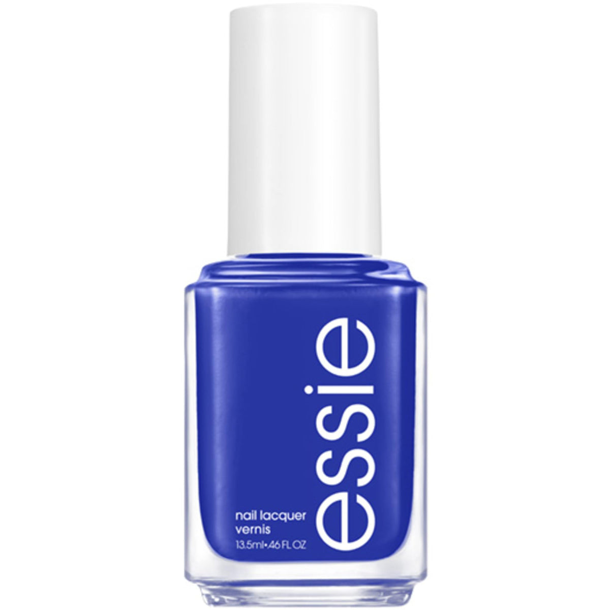 essie front bottle view showing bright blue polish and clear label for color choice