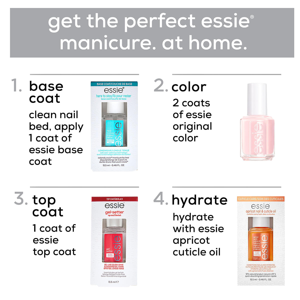 essie clear polish texture on brush showing smooth viscosity and fast-leveling benefit