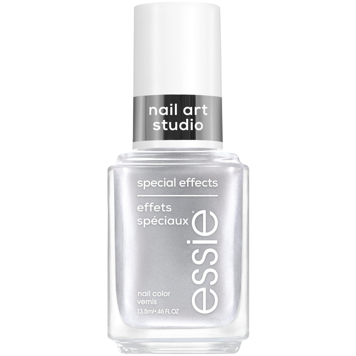 essie bottle front view showing cosmic chrome silver polish and sleek label benefit easy identification