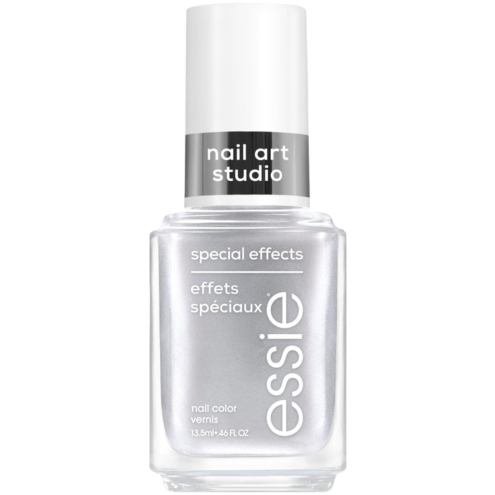 essie bottle front view showing cosmic chrome silver polish and sleek label benefit easy identification