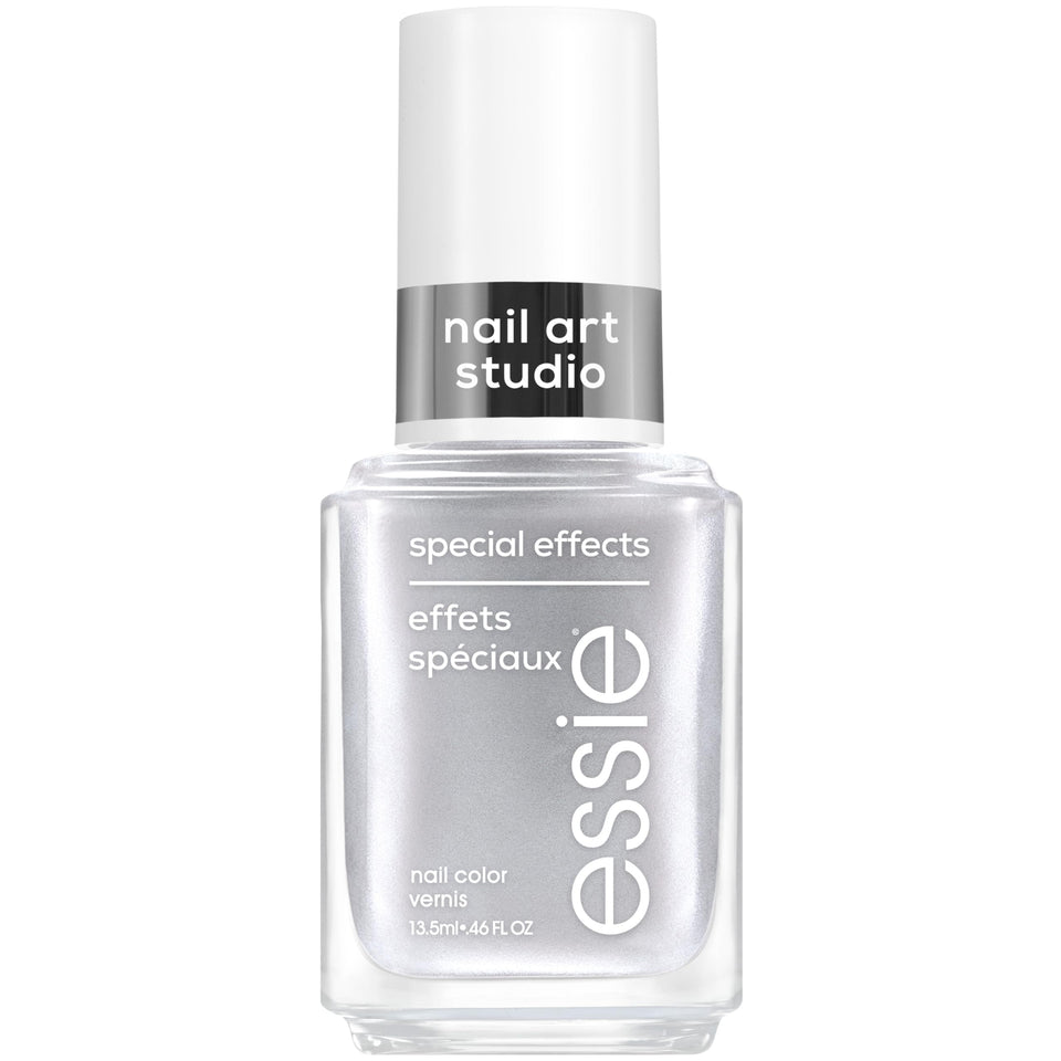 essie bottle front view showing cosmic chrome silver polish and sleek label benefit easy identification