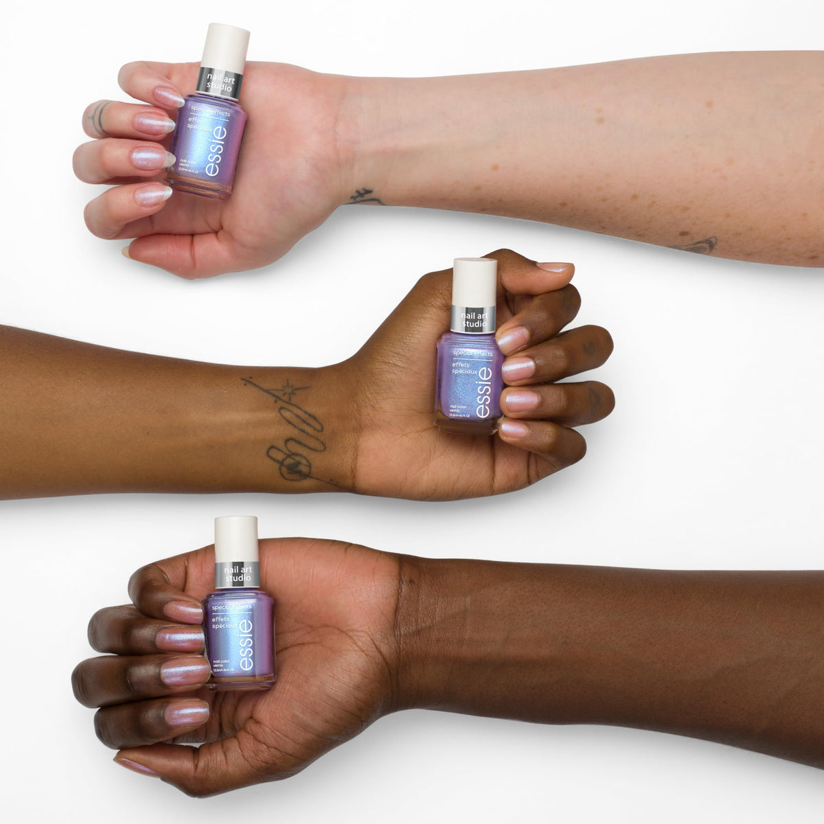 essie swatch on nails displaying ethereal escape layered effect