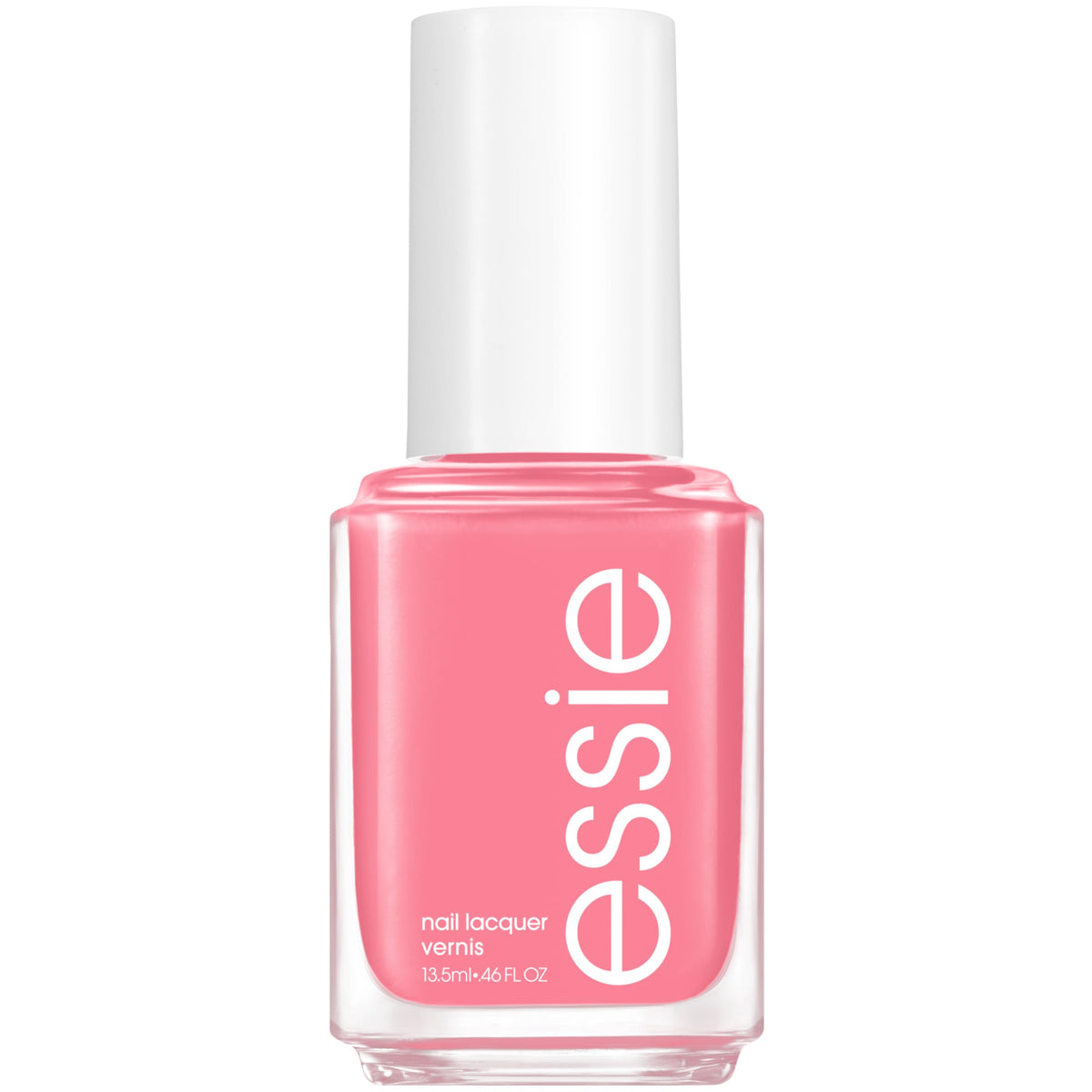 essie bottle front view showing Be Them All pink and glossy finish benefit