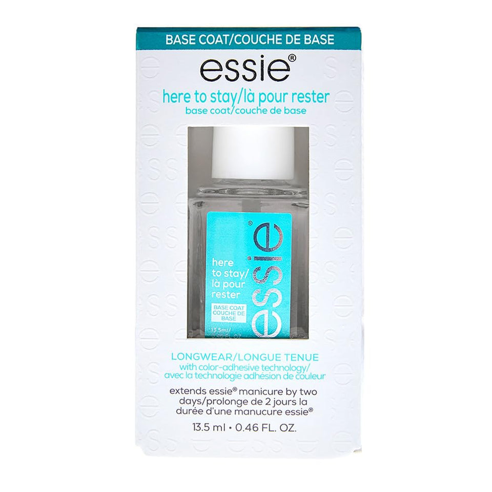 essie clear base coat front bottle showing brand and compact size for travel