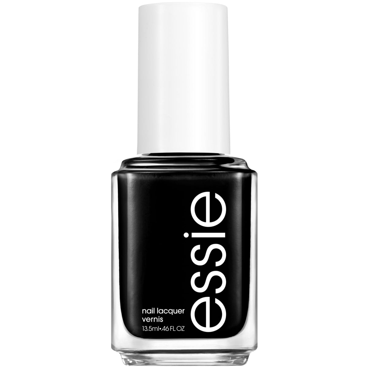 essie Licorice front bottle showing deep jet-black color and glossy benefit