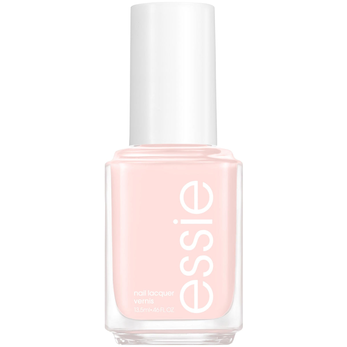 essie bottle front view showing sheer pink shade and glossy benefit