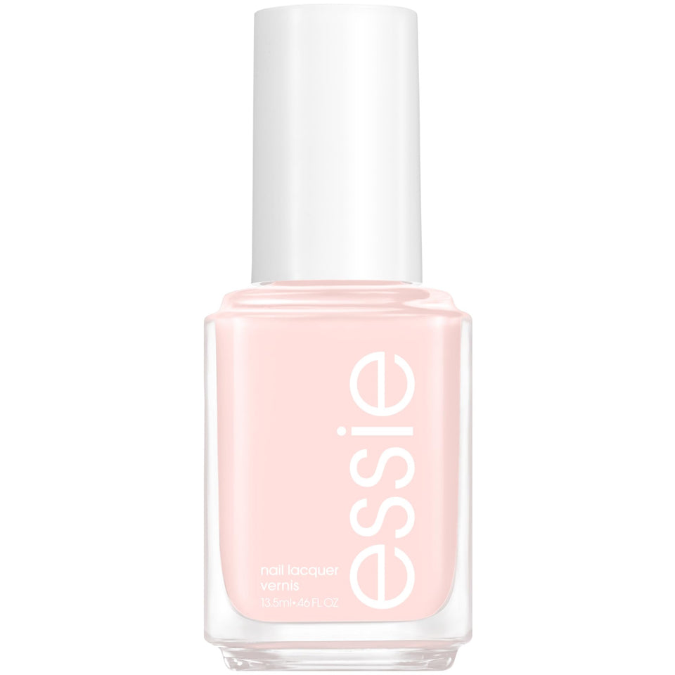 essie bottle front view showing sheer pink shade and glossy benefit