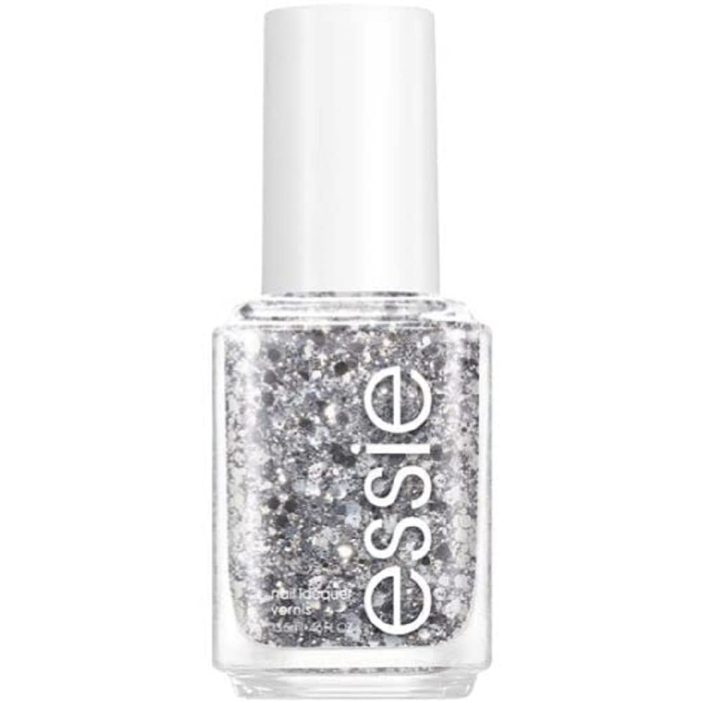 essie front bottle shot showing silver glitter polish and brand benefit